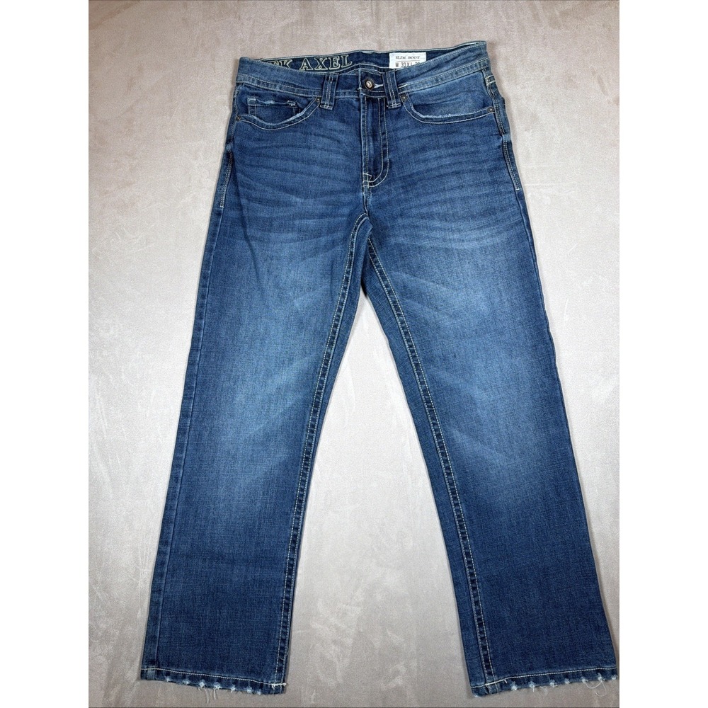 Men's T.K. Axel Slim Boot Blue Denim Jeans; Size 30×30, Dark Wash, Stretch AXNB0